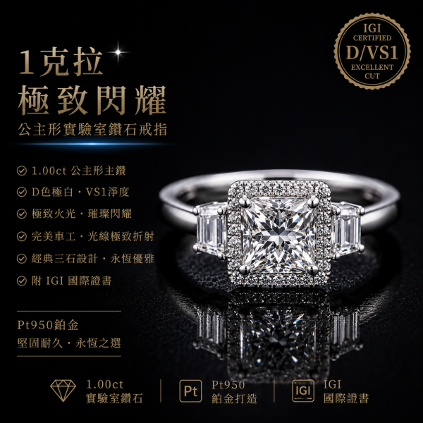 實驗室鑽石公主形女戒1克拉D.vS1 
