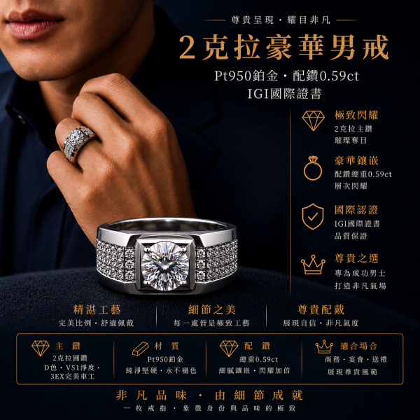 實驗室鑽石圓形男戒2克拉 