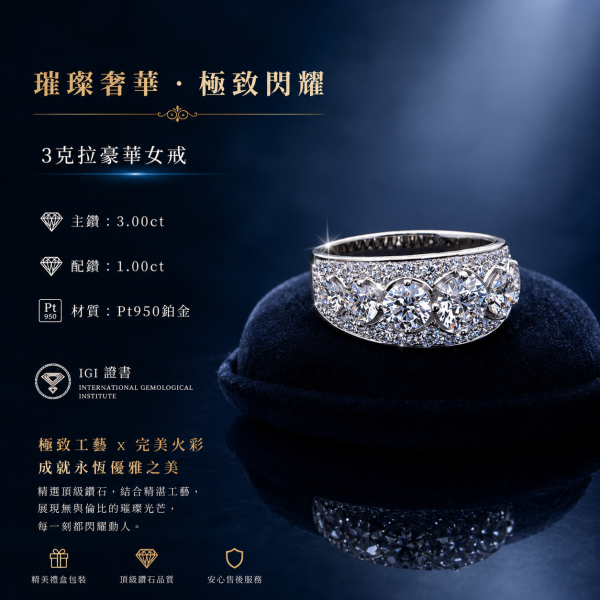 實驗室鑽石圓形女戒3克拉(7粒) 