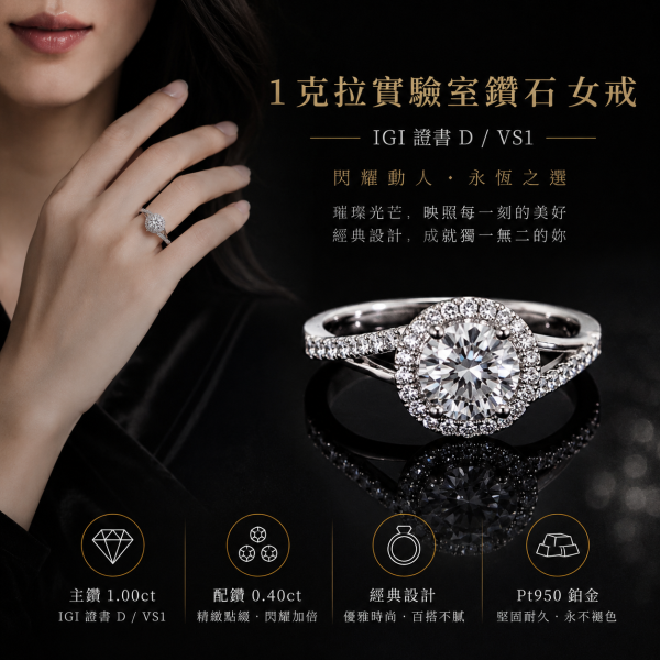 實驗室鑽石圓形女戒1克拉 